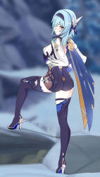 Rule 34 | 1girl, aqua hair, aruman, ass, bare shoulders, blush, boots, breasts, cape, eula (genshin impact), from behind, genshin impact, gloves, hairband, high heel boots, high heels, highres, large breasts, leotard, medium hair, red eyes, shiny clothes, shiny skin, sideboob, solo, thigh boots, thighhighs