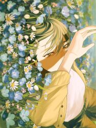Rule 34 | 1boy, belt, black belt, blue flower, brown eyes, brown hair, bug, butterfly, field, flower, flower field, forget-me-not (flower), highres, insect, jacket, leaf, looking at viewer, lying, male focus, nemophila (flower), on back, open clothes, open jacket, original, outdoors, pants, pink flower, shirt, solo, sunlight, tori no 3046, white flower, white shirt, yellow jacket, yellow pants