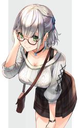Rule 34 | 1girl, absurdres, bag, breasts, brown-framed eyewear, choker, collarbone, commentary request, glasses, green eyes, grey background, tucking hair, handbag, highres, hololive, karasuro, large breasts, leaning forward, looking at viewer, plaid, plaid skirt, shirogane noel, shirogane noel (casual), short hair, silver hair, skirt, smile, solo, sweater, two-tone background, virtual youtuber, watch, white background, white sweater, wristwatch