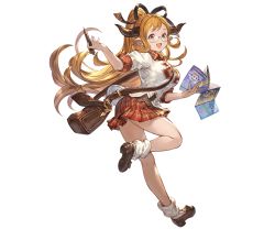 Rule 34 | 1girl, bag, blonde hair, bow, bowtie, breasts, brown eyes, draph, full body, glasses, granblue fantasy, holding, horns, large breasts, leg up, long hair, looking at viewer, looking back, map, minaba hideo, official art, open mouth, pen, pleated skirt, ponytail, sarya (granblue fantasy), shirt, short sleeves, single horn, skirt, smile, solo, transparent background