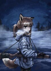 Rule 34 | 1girl, absurdres, animal ears, brown eyes, brown hair, closed mouth, fox ears, fox girl, fox girl (yihan1949), fox tail, highres, holding, holding weapon, looking at viewer, military uniform, night, original, sky, snow, solo, star (sky), starry sky, steam from mouth, tail, uniform, weapon, winter, winter clothes, yihan1949