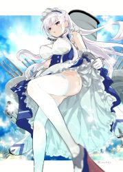 Rule 34 | 1girl, ass, azur lane, belfast (azur lane), blue eyes, blush, braid, breasts, chain, cleavage, collar, commentary request, from below, gloves, large breasts, long hair, looking at viewer, looking down, maid, maid headdress, silver hair, solo, swept bangs, thighhighs, thighs, turret, white thighhighs, yuzuki yuno