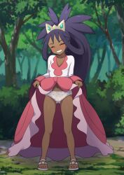 Rule 34 | 1girl, black hair, blush, breasts, bush, closed eyes, clothes lift, collarbone, commentary request, commission, creatures (company), dark-skinned female, dark skin, day, eyelashes, facing viewer, forest, full body, game freak, grass, grin, hair rings, highres, iris (pokemon), knees, kohatsuka, lifting own clothes, long hair, nature, navel, nintendo, outdoors, pink skirt, pixiv commission, pokemon, pokemon bw2, ponytail, sandals, shirt, skirt, skirt lift, small breasts, smile, solo, standing, teeth, tiara, tree, underwear, v-neck, white shirt