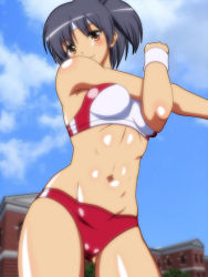 Rule 34 | 10s, 1girl, abs, ass, bare shoulders, black hair, blue sky, blush, breasts, brown eyes, building, buruma, cloud, commentary request, cowboy shot, day, female focus, gluteal fold, gym uniform, headband, kantai collection, looking at viewer, medium breasts, muscular, nagara (kancolle), navel, noppo-san, outdoors, short hair, side ponytail, sky, smile, solo, standing, stomach, stretching, thigh gap, thighs, toned