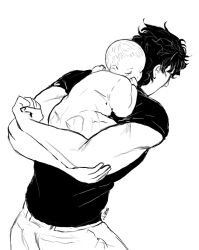 Rule 34 | 2boys, aged down, arms behind back, baby, back, carrying, closed eyes, father and son, from behind, giorno giovanna, highres, jojo no kimyou na bouken, jonathan joestar, lakokoosa, male focus, monochrome, multiple boys, muscular, muscular male, pants, shirt, short hair, short sleeves