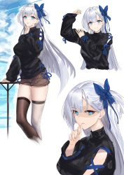 Rule 34 | 1girl, a.t. zero, absurdres, alternate costume, asymmetrical legwear, azur lane, biting, black sweater, black thighhighs, blue bow, blue eyes, bow, brown shorts, commentary request, earrings, eyeshadow, finger biting, hair bow, highres, jealous, jewelry, long hair, long sleeves, looking at viewer, makeup, mole, mole under eye, multiple views, narrowed eyes, ocean, one side up, railing, red eyeshadow, shaded face, short shorts, shorts, shoukaku (azur lane), silver hair, sweater, thighhighs, turtleneck, turtleneck sweater, uneven legwear, very long hair, white thighhighs
