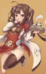 Rule 34 | 1girl, ahoge, azur lane, bad id, bad twitter id, bamboo steamer, baozi, battera tabetai, black thighhighs, brown eyes, brown hair, china dress, chinese clothes, coat, dress, food, hairband, hand to own mouth, highres, holding, leg lift, long hair, open mouth, panda, panties, ping hai (azur lane), red dress, shoes, short dress, side-tie panties, single thighhigh, solo, standing, standing on one leg, thighhighs, tray, twintails, underwear, white coat, white panties, wind, wind lift