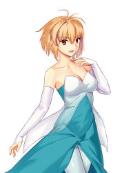 Rule 34 | 1girl, absurdres, alternate costume, antenna hair, aqua dress, arcueid brunestud, bare shoulders, blonde hair, breasts, bridal gauntlets, collarbone, commentary request, cqqz0707, detached sleeves, dress, formal, hair between eyes, highres, looking at viewer, medium breasts, open mouth, pantyhose, red eyes, see-through, short hair, simple background, single hair intake, smile, solo, strapless, strapless dress, tsukihime, tsukihime (remake), two-tone dress, upper body, white background, white dress, white pantyhose, white sleeves