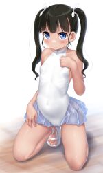 Rule 34 | 1girl, black hair, blue eyes, breasts, cameltoe, covered navel, dd (ijigendd), feet, flip-flops, highres, looking at viewer, original, sandals, small breasts, smile, solo, toes