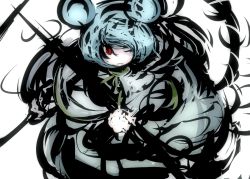 Rule 34 | 1girl, animal ears, bad id, bad pixiv id, black dress, blue hair, dress, f7(eiki), female focus, looking at viewer, mouse ears, nazrin, short hair, simple background, solo, stick, touhou, white background