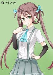 Rule 34 | 10s, 1girl, anti (untea9), arm warmers, asagumo (kancolle), ascot, brown hair, green eyes, hair ribbon, hand on own hip, highres, kantai collection, long hair, pleated skirt, ribbon, shirt, skirt, solo, suspenders, twintails, twitter username, white shirt