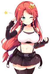 Rule 34 | 1girl, ;), belt, black belt, black gloves, black skirt, black thighhighs, blush, braid, breasts, commentary request, cosplay, cowboy shot, crop top, elbow gloves, final fantasy, final fantasy vii, fingerless gloves, gloves, green eyes, hair ornament, highres, hong meiling, large breasts, long hair, looking at viewer, low-tied long hair, maturiuta sorato, midriff, miniskirt, navel, one eye closed, pleated skirt, red hair, simple background, skirt, smile, solo, standing, star (symbol), star hair ornament, stomach, suspenders, thighhighs, thighs, tifa lockhart, tifa lockhart (cosplay), touhou, twin braids, very long hair, white background, zettai ryouiki