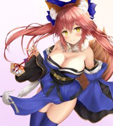Rule 34 | 1girl, animal ear fluff, animal ears, bare shoulders, blue bow, blue kimono, blue sleeves, blue thighhighs, blush, bow, breasts, cleavage, closed mouth, commentary request, detached sleeves, ema, fate/extra, fate (series), fou (fate), fox ears, fox girl, fox tail, gradient background, hair between eyes, hair bow, head tilt, highres, holding, japanese clothes, kimono, large breasts, long hair, long sleeves, looking at viewer, misui, obi, pink background, pink hair, purple background, sash, sidelocks, skindentation, smile, solo, strapless, tail, tamamo (fate), tamamo no mae (fate/extra), thighhighs, twintails, very long hair, wide sleeves, yellow eyes