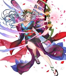 Rule 34 | 1girl, arrow (projectile), bow (weapon), breasts, cleavage, facial mark, fairy wings, female focus, fire emblem, fire emblem heroes, forehead mark, full body, gradient hair, highres, holding, holding bow (weapon), holding weapon, japanese clothes, kimono, large breasts, long hair, multicolored hair, nintendo, obi, official art, open mouth, petals, plumeria (fire emblem), pointy ears, ponytail, red eyes, sandals, sash, smile, solo, tabi, teffish, transparent background, weapon, white legwear, wide sleeves, wings