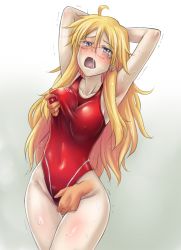 Rule 34 | 10s, 1boy, 1girl, :o, ahoge, ardnades, armpits, arms behind head, arms up, ben-tou, blonde hair, blue eyes, blush, body blush, grabbing another&#039;s breast, breasts, competition swimsuit, covered erect nipples, covered navel, cowboy shot, fingering, glasses, grabbing, grabbing from behind, gradient background, groin, groping, hair between eyes, hetero, highleg, highleg swimsuit, large breasts, long hair, looking at viewer, moaning, molestation, motion lines, one-piece swimsuit, open mouth, parted bangs, pussy juice, reach-around, red one-piece swimsuit, rimless eyewear, saliva, shaga ayame, sidelocks, solo focus, standing, sweat, swimsuit, taut clothes, taut swimsuit, thigh gap, trembling, unaligned breasts, very long hair, wavy hair, wide hips