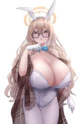 Rule 34 | 1girl, absurdres, akane (blue archive), akane (bunny) (blue archive), animal ears, bad id, bad twitter id, bare shoulders, blue archive, bow, bowtie, breasts, cleavage, collarbone, cowboy shot, detached collar, fake animal ears, glasses, gloves, green eyes, green hair, hair between eyes, halo, hand up, highres, large breasts, leotard, long hair, looking at viewer, messy hair, pantyhose, parted lips, plaid, plaid scarf, playboy bunny, rabbit ears, scarf, sidelocks, sleeveless, solo, standing, white background, white gloves, white leotard, white pantyhose, yuuki shuri