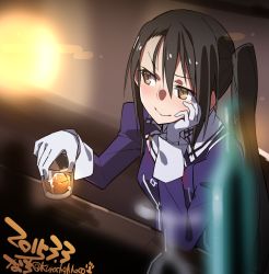 Rule 34 | 10s, 1girl, 2015, alcohol, bad id, bad pixiv id, black hair, blush, brown eyes, cup, dated, drinking glass, gloves, hand on own cheek, hand on own face, head rest, highres, holding, holding cup, holding drinking glass, juliet sleeves, kantai collection, kuro chairo no neko, long hair, long sleeves, looking to the side, nachi (kancolle), nachi kai ni (kancolle), ponytail, puffy long sleeves, puffy sleeves, side ponytail, sitting, solo, twitter username, white gloves