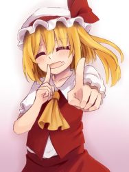 Rule 34 | 1girl, ^ ^, ascot, blonde hair, blush, closed eyes, collarbone, closed eyes, fang, flandre scarlet, hat, himeno (kujousyuon), index finger raised, koi dance, mob cap, puffy short sleeves, puffy sleeves, red skirt, red vest, revision, shirt, short sleeves, side ponytail, skirt, skirt set, solo, touhou, vest, white shirt