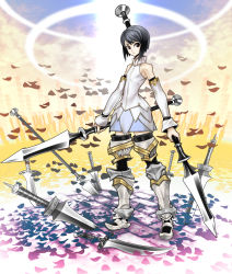 Rule 34 | 1girl, armor, bare shoulders, black eyes, black hair, boots, detached sleeves, dress, dual wielding, greaves, highres, holding, masn (moxi), original, petals, polearm, short hair, solo, spear, sword, thigh boots, thighhighs, weapon