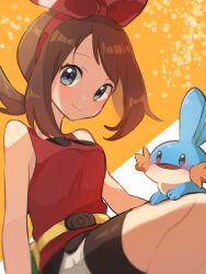 Rule 34 | 1girl, bike shorts, bike shorts under shorts, blurry, bow hairband, brown hair, closed mouth, commentary request, creatures (company), eyelashes, fanny pack, game freak, gen 3 pokemon, grey eyes, hairband, hottomiruku, looking at viewer, looking down, may (pokemon), mudkip, nintendo, pokemon, pokemon (creature), pokemon oras, red hairband, red shirt, shirt, shorts, sleeveless, sleeveless shirt, smile, yellow bag