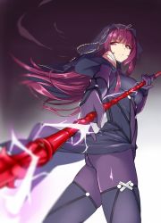 Rule 34 | 1girl, bodysuit, breasts, den (kur0 yuki), elbow gloves, eyebrows hidden by hair, fate/grand order, fate (series), gloves, hair ornament, holding, holding polearm, holding weapon, looking at viewer, looking back, polearm, purple eyes, purple gloves, purple hair, scathach (fate), solo, spear, veil, weapon