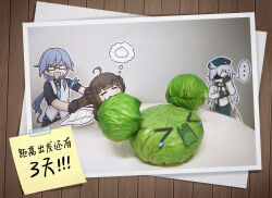 Rule 34 | &gt; &lt;, ..., absurdres, ahoge, ai-chan (honkai impact), beret, black gloves, blue necktie, book of fuxi, braid, brown hair, cabbage, chinese commentary, chinese text, closed eyes, countdown, crying, eating, facepalm, food, fu hua, fu hua (night squire), glasses, gloves, grey hair, hair between eyes, hat, highres, honkai (series), honkai impact 3rd, long hair, multiple girls, necktie, official alternate costume, official art, open mouth, speech bubble, standing, theresa apocalypse, theresa apocalypse (twilight paladin), thinking, translation request, white hair, white sleeves, wide sleeves