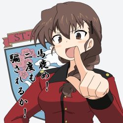Rule 34 | 1girl, blush, braid, bright pupils, brown hair, emblem, girls und panzer, hair ornament, hairclip, ichinose jun, long hair, long sleeves, looking at viewer, open mouth, pointing, rukuriri (girls und panzer), simple background, smile, solo, st. gloriana&#039;s (emblem), st. gloriana&#039;s military uniform, tongue, white background, white pupils