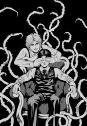 Rule 34 | 2boys, absurdres, bad id, bad pixiv id, chair, covering another&#039;s eyes, covering own eyes, dio brando, greyscale, highres, jojo no kimyou na bouken, jonathan joestar, monochrome, multiple boys, neck ribbon, plant, ribbon, sitting, spikes, suspenders, suzuki (szkerc), sweater vest, vines