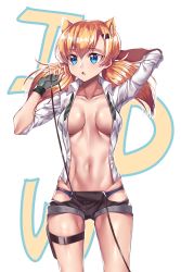 Rule 34 | 1girl, absurdres, animal ears, arm behind head, bad id, bad pixiv id, blonde hair, blue eyes, blue panties, breasts, brown shorts, cat ears, cleavage, collarbone, cowboy shot, dark jewel (gem oblivion), dress shirt, fingerless gloves, girls&#039; frontline, gloves, green necktie, grey gloves, groin, hair between eyes, hair ornament, hairclip, highres, idw (girls&#039; frontline), long hair, looking away, medium breasts, midriff, navel, necktie, open clothes, open mouth, open shirt, panties, shiny skin, shirt, short shorts, shorts, solo, standing, stomach, striped necktie, striped neckwear, suspender shorts, suspenders, toned, twintails, underwear, white background, white shirt