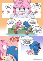 4koma amy_rose blue_fur blush boots bracelet cheek_press comic couch dress excited gloves green_eyes hairband hammer hand_kissing heart hedgehog jewelry kiss kohane01 medium_hair melting pink_fur pot sega shoes sitting socks sonic_(series) sonic_the_hedgehog spiked_hair sweatdrop toy_hammer