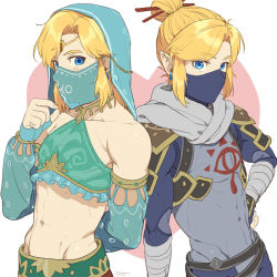 Rule 34 | 2boys, alternate costume, armor, armpits, blonde hair, blue eyes, blush, crossdressing, detached sleeves, dual persona, earrings, gerudo set (zelda), gloves, jewelry, link, long hair, looking at viewer, male focus, midriff, mouth veil, multiple boys, navel, nintendo, official alternate costume, pointy ears, ponytail, smile, stealth set (zelda), stomach, the legend of zelda, the legend of zelda: breath of the wild, toned, toned male, trap, veil, zyunya