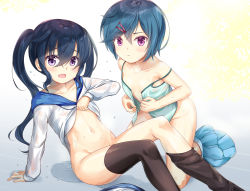 Rule 34 | 2girls, :d, arm support, asymmetrical legwear, bad id, bad pixiv id, bare arms, bare shoulders, black legwear, blue hair, blue skirt, blush, bottomless, camisole, closed mouth, clothes lift, collarbone, commentary, fang, green camisole, groin, hair between eyes, head tilt, hood, hood down, kneeling, lifting own clothes, long hair, long sleeves, looking at viewer, migumi (niiya), minami (niiya), multiple girls, navel, niiya, open mouth, original, pleated skirt, puddle, purple eyes, see-through, shirt, shirt lift, siblings, sisters, sitting, skirt, skirt around one leg, sleeves past wrists, smile, sweat, thighhighs, thighhighs pull, twins, twintails, undressing, uneven legwear, very long hair, wet, wet clothes, wet shirt, white shirt