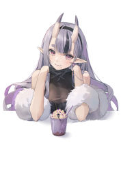Rule 34 | 1girl, black dress, breasts, colored inner hair, cup, douya (233), dress, earrings, gloves, hair between eyes, hand on own chin, head rest, headband, horns, jewelry, large breasts, long hair, mole, multicolored hair, nijisanji, oni, pointy ears, purple eyes, purple hair, rindou mikoto, scarf, simple background, skin-covered horns, smile, solo, streaked hair, table, thick eyebrows, two-tone hair, virtual youtuber, white background