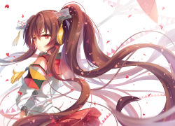 Rule 34 | 10s, 1girl, bare shoulders, brown hair, ceru, cherry blossoms, detached sleeves, flower, hair flower, hair ornament, kantai collection, long hair, looking at viewer, oil-paper umbrella, personification, ponytail, red eyes, solo, umbrella, very long hair, yamato (kancolle)