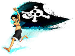Rule 34 | 1boy, jolly roger, male focus, monkey d. luffy, one piece, pirate, running, skull and crossbones, solo