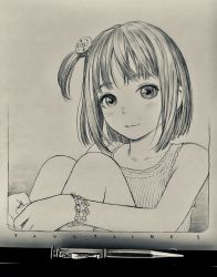 Rule 34 | 1girl, art tools in frame, bare arms, bare shoulders, bead bracelet, beads, bob cut, border, bracelet, closed mouth, english text, graphite (medium), greyscale, hair ornament, head tilt, highres, hugging own legs, jewelry, knees up, looking at viewer, mechanical pencil, medium hair, monochrome, murata range, one side up, original, pencil, photo (medium), shikishi, shirt, sitting, sleeveless, sleeveless shirt, smile, solo, traditional media