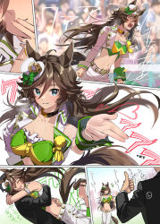 Rule 34 | 1boy, 1girl, ahoge, animal ears, belt, blowing kiss, blue eyes, breasts, breath, brown hair, choker, clenched hands, closed eyes, collar, comic, commentary request, cropped jacket, crowd, feet, fingers to mouth, glomp, green eyes, green shirt, hair between eyes, hair ornament, hairclip, hat, heart, high heels, horse ears, horse girl, horse tail, hug, jacket, lips, long hair, long sleeves, looking at viewer, medium breasts, midriff, mini hat, mini top hat, misu kasumi, mr. c.b. (umamusume), navel, open mouth, outstretched arm, pants, screaming, shirt, shouting, single sleeve, smile, strapless, strapless shirt, sweat, tail, thumbs up, top hat, trainer (umamusume), umamusume, white jacket, white pants, wrist cuffs