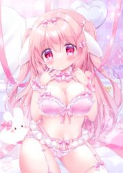 Rule 34 | 1girl, animal ears, blush, bra, breasts, chiika (cure cherish), cleavage, cowboy shot, fake animal ears, frilled bra, frilled panties, frills, hair ribbon, hands up, large breasts, lingerie, long hair, original, panties, parted lips, pink bra, pink eyes, pink hair, pink nails, pink panties, pink ribbon, pink theme, rabbit ears, ribbon, solo, two side up, underwear, wrist cuffs