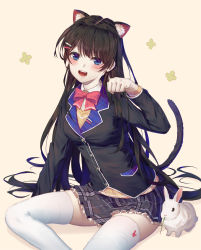 Rule 34 | 1girl, :d, animal, animal ear fluff, animal ears, black hair, black jacket, black skirt, blazer, blue eyes, blush, bow, bowtie, breasts, brown sweater, buttons, cat ears, cat tail, collared shirt, feet out of frame, floral background, hair ornament, hair spread out, hairclip, hand up, head tilt, highres, jacket, ji dao ji, kemonomimi mode, long hair, long sleeves, looking at viewer, medium breasts, miniskirt, nijisanji, open mouth, paw pose, pink bow, pink bowtie, rabbit, shirt, sidelocks, simple background, sitting, skirt, smile, solo, sweater, tail, teeth, thighhighs, tsukino mito, tsukino mito (1st costume), very long hair, virtual youtuber, white shirt, white thighhighs, wing collar, yellow background, zettai ryouiki