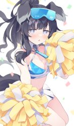 Rule 34 | 1girl, :o, animal ears, blue archive, blue eyes, breasts, cheerleader, cleavage, commentary request, dog ears, dog tail, eyewear on head, hibiki (blue archive), hibiki (cheer squad) (blue archive), highres, holding, holding pom poms, kano hito, looking at viewer, medium breasts, millennium cheerleader outfit (blue archive), pom pom (cheerleading), pom poms, sunglasses, tail, thighs