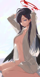 Rule 34 | 1girl, absurdres, arms up, barefoot, black hair, black wings, blue archive, bottomless, breasts, closed mouth, commentary request, feathered wings, hair ornament, hairclip, halo, highres, ichika (blue archive), large breasts, long hair, long sleeves, matcha (matttttya1), naked shirt, open clothes, open shirt, see-through, see-through shirt, shirt, sitting, smile, solo, white shirt, wings