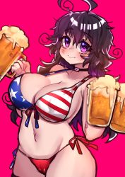 Rule 34 | 1girl, ahoge, alcohol, american flag bikini, beer, beer mug, bikini, blush, breasts, cameltoe, cleavage, closed mouth, commentary request, cowboy shot, cup, curly hair, drinking glass, flag print, highres, holding, holding cup, large breasts, looking at viewer, messy hair, mug, navel, nyarla (osiimi), original, osiimi, partial commentary, pink background, purple eyes, purple hair, side-tie bikini bottom, simple background, smile, solo, standing, swimsuit, united states