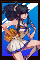 Rule 34 | 1girl, absurdres, alternate costume, bare shoulders, black border, black hair, blue background, blue eyes, blue nails, border, breasts, cheerleader, collarbone, guggy (guirgaleo), hair ornament, hand up, highres, junketsu, kill la kill, kiryuuin satsuki, knee up, large breasts, long hair, looking at viewer, nail polish, pom pom (cheerleading), ponytail, solo, standing, standing on one leg, thick eyebrows, white background