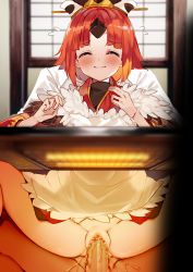 Rule 34 | 1boy, 1girl, absurdres, apron, benienma (fate), blush, brown headwear, brown kimono, censored, demon girl, closed eyes, fate/grand order, fate (series), happy sex, highres, indoors, japanese clothes, ken (coffee michikusa), kimono, kotatsu, mosaic censoring, no panties, penis, pussy, pussy juice, red hair, reverse upright straddle, sex, sex from behind, stealth sex, table, vaginal, wavy mouth