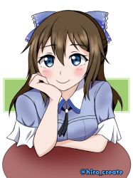 Rule 34 | 1girl, aqua eyes, aqua shirt, artist name, artist request, black neckwear, blue bow, blue eyes, blue neckwear, blue shirt, blush, bow, breasts, brown hair, collared shirt, elbow on table, female focus, hair between eyes, long hair, looking at viewer, love live!, love live! nijigasaki high school idol club, love live! school idol festival, medium breasts, osaka shizuku, parted lips, ponytail, puffy short sleeves, puffy sleeves, shirt, short sleeves, sidelocks, smile, solo, table, upper body, white background