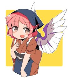 Rule 34 | 1girl, animal ears, bird ears, bird wings, border, brown dress, brown eyes, cropped torso, dress, fang, ini (inunabe00), looking at viewer, mystia lorelei, obi, okamisty, open mouth, pink hair, sash, short hair, short sleeves, simple background, skin fang, smile, solo, touhou, white border, white wings, wings, yellow background