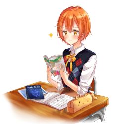 Rule 34 | 1girl, :3, alternate eye color, argyle, argyle clothes, argyle sweater vest, bad id, bad twitter id, blush, book, cat tail, chair, collared shirt, commentary request, desk, elbows on table, hair ornament, hairpin, holding, holding book, homework, hoshizora rin, love live!, love live! school idol festival, love live! school idol project, minori 748, neck ribbon, open book, orange hair, pencil case, reading, ribbon, school desk, shirt, short hair, simple background, sitting, solo, sparkle, star (symbol), star hair ornament, sweater vest, tail, upside-down book, v-shaped eyebrows, white background, white shirt, yellow eyes, yellow ribbon