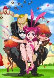 Rule 34 | 00s, 1boy, 1girl, :d, age difference, animal ears, ass, bouquet, bunbee, bunbee (yes! precure 5), butler, cake, carrying, dog ears, dog tail, eyelashes, fake animal ears, fishnet pantyhose, fishnets, flower, food, fork, groping, height difference, hetero, legs, maeashi, open mouth, pantyhose, pastry, pink hair, playboy bunny, precure, rabbit ears, red flower, red rose, rose, short hair, size difference, smile, tail, tuxedo, twintails, two side up, yes! precure 5, yumehara nozomi