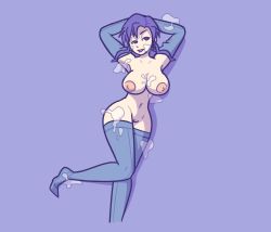 Rule 34 | 1girl, aftersex, blue gloves, blue legwear, blue thighhighs, breasts, cleavage, cum, cum on arm, cum on armpit, cum on body, cum on breasts, cum on feet, cum on legs, cum on lower body, cum on upper body, elbow gloves, facial, fire emblem, fire emblem: the blazing blade, gloves, lowres, mole, mole under mouth, navel, nintendo, nipples, nude, purple eyes, purple hair, pussy, rollep, short hair, solo, thighhighs, ursula (fire emblem)