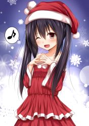 Rule 34 | 1girl, ;d, black hair, brown eyes, haryuu (poetto), highres, k-on!, long hair, nakano azusa, one eye closed, open mouth, santa costume, smile, solo, twintails, wink